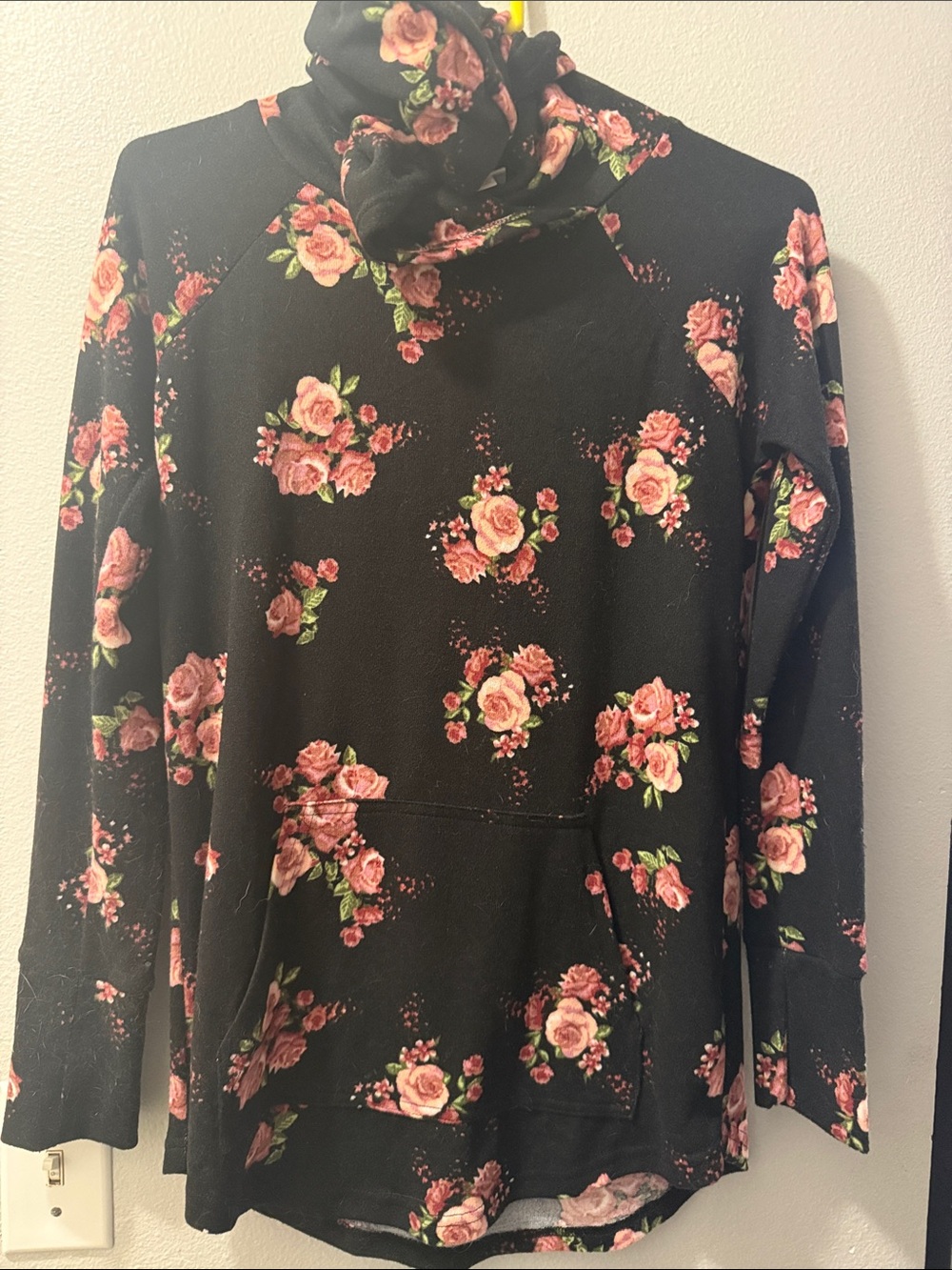 LuLaRoe Black Floral Turtleneck Sweater with Pink Roses
